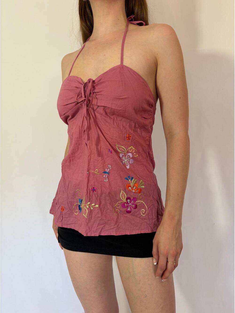Cute Pink Floral Y2K Embroidered Summer Halter Cami